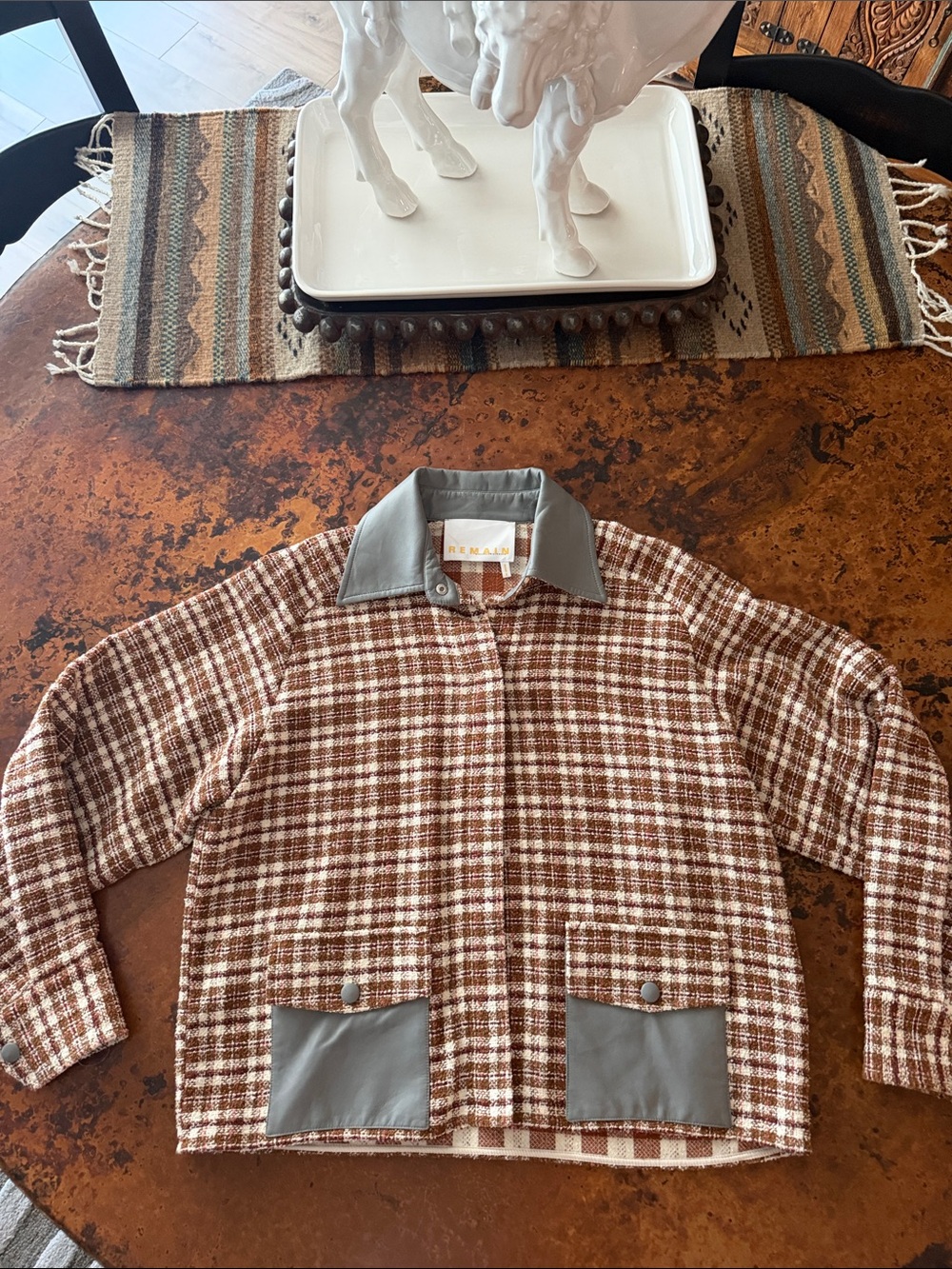 Women’s Brown Plaid Utility Jacket with Contrast Collar